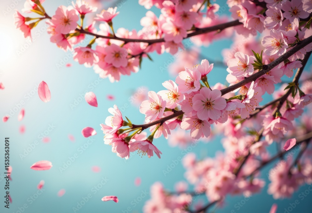 Obraz premium Blooming cherry blossoms with falling petals against a bright blue sky