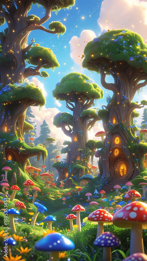 Fototapeta premium Enchanting landscape of whimsical mushroom houses and magical trees.