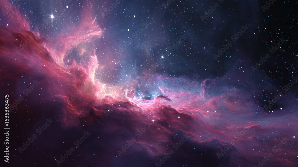 Naklejka premium Space background with colorful nebula Galaxy Cloud. Bright galaxy shimmering neon blue purple colors with distant stars. Mysterious alien star system purple green planets orbiting a bright glowing sun