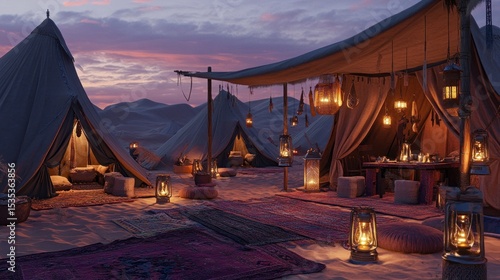 Magical desert camping experience with traditional tents and glowing lanterns ambiance