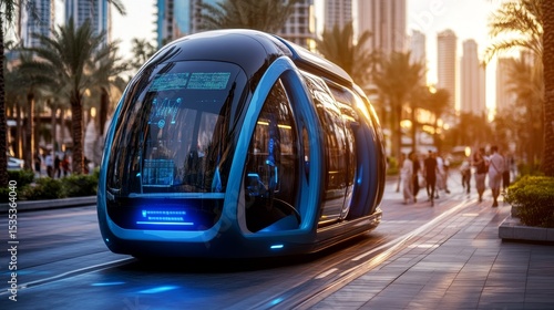 Autonomous driverless bus on futuristic city street｜urban smart transportation concept