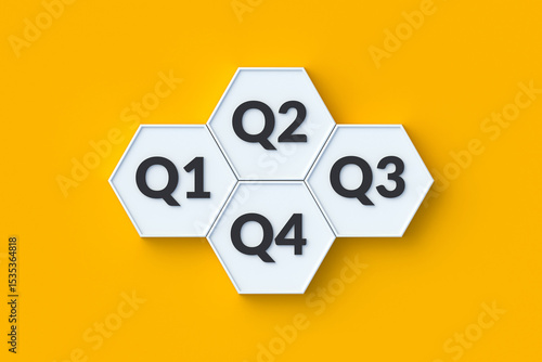 Q1, q2, q3 and q4 words on hexagons. Four quarterly reports. Tax declaration. Profit margins. Planning the financial year. Economic data. 3d render