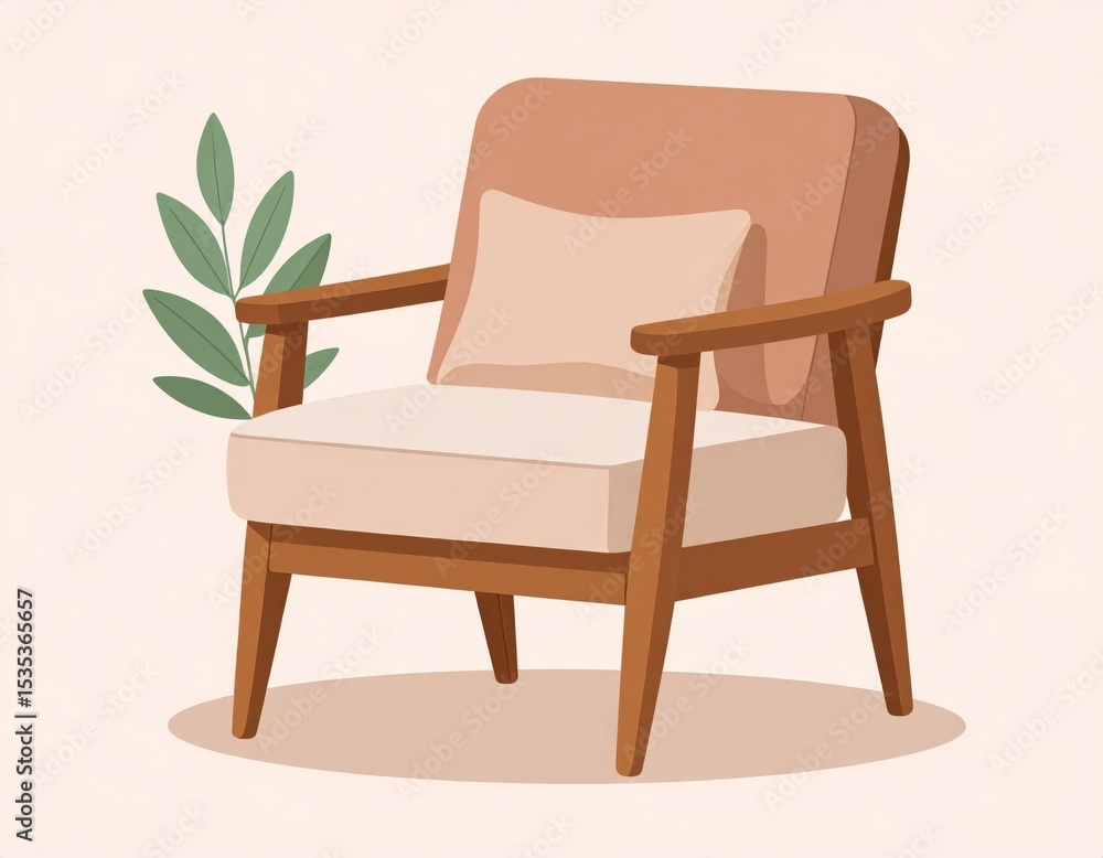 Fototapeta premium Pastel Beige And Light Brown Armchair With Pillow And Plant