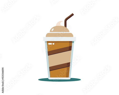 Iced Coffee Drink in Plastic Cup with Whipped Cream and Straw Refreshing Beverage Illustration