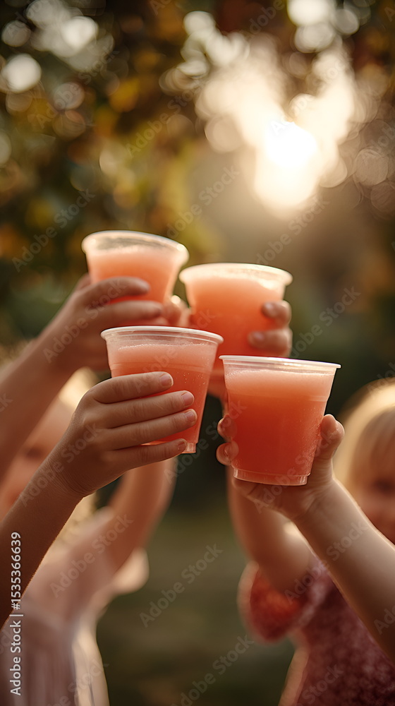 Children holding colorful cups of guava punch during summer picnic outdoors Children holding colorful cups of guava punch during summer picnic outdoors