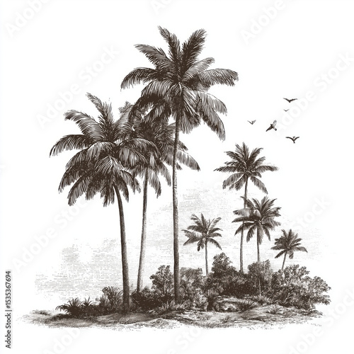 Vintage Tropical Palm Trees Illustration , white background cut out PNG