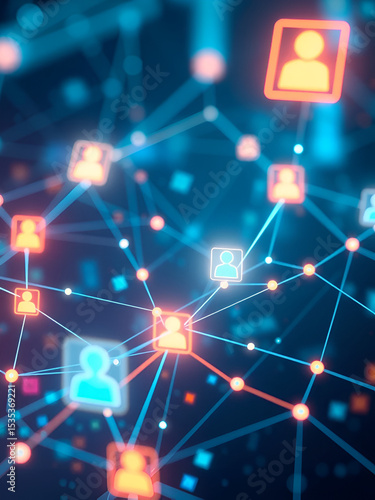 Virtual networking concept with people represented as digital avatars connecting through glowing lines on a techy background.