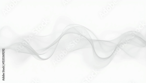 Create a minimalist abstract composition featuring a horizontal trail of soft, wispy black smoke on a clean white background. The smoke should have gentle curves and varying opacity,