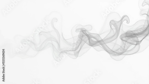 Create a minimalist abstract composition featuring a horizontal trail of soft, wispy black smoke on a clean white background. The smoke should have gentle curves and varying opacity,
