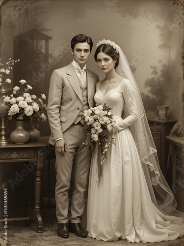 Antique sepia-toned wedding portrait encapsulates timeless love and commitment young European couple on wooden table, cherished memories, timeless wedding traditions