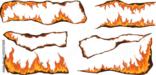 Create a kinds of deferent fire, flame, vector, burn, illustration, hot, burning, orange, heat, design, paper, frame, yellow, red, light vector art with white background.