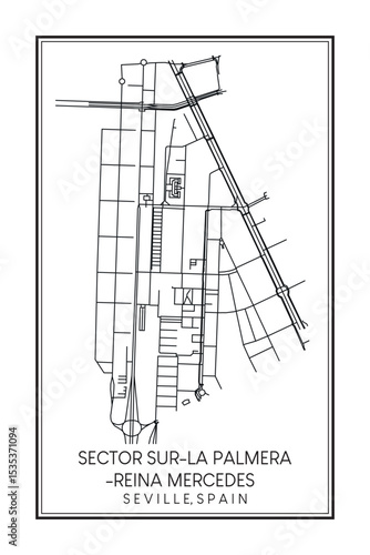 Hand drawn printable downtown road map poster of district SECTOR SUR-LA PALMERA-REINA MERCEDES of the Spanish city of SEVILLE on solid white background with city name