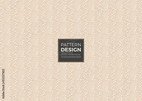 Elegant Beige Fabric Design Featuring Intricate White Tribal Patterns and Central Dark Gray Box with Textual Overlay