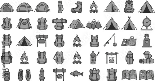 Create a kinds of deferent Camping icons featuring tents, backpacks, and outdoor activities in a monochrome style targeting adventure enthusiasts vector art with white background.