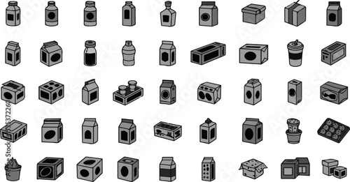 Create a kinds of deferent Collection of black and white web icons representing various types of packaging and consumer goods vector art with white background.