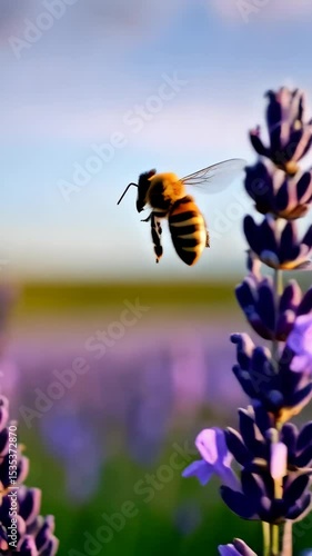Honeybee with wings outstretched flies near lavender flowers at dusk in a garden environment seeking nectar for honey production