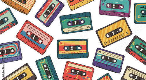 Create a kinds of deferent Music tape illustration cassette colorful vector art with white background.
