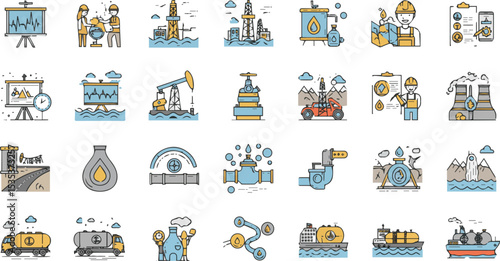 Create a kinds of deferent Oil and gas industry icons depicting exploration, production, and transportation activities. vector art with white background.