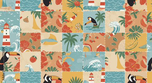 Create a kinds of deferent Palms, toucan, lighthouse, marine boat, wave, island, hibiscus flower, shell, tropical fruit in the frames seamless pattern. vector art with white background.