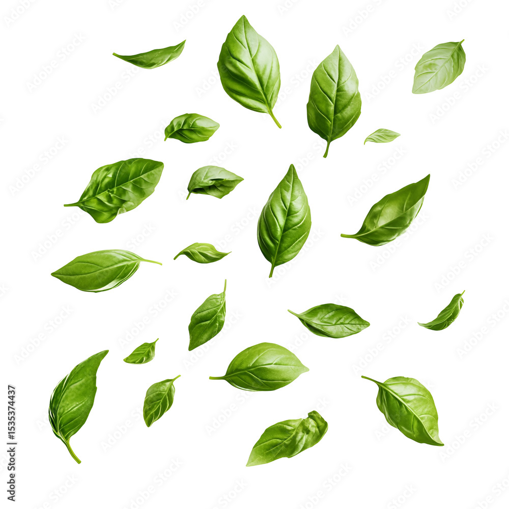 Fresh Basil Leaves Falling Dark Background, Fresh Basil Leaves Falling Dark Background,