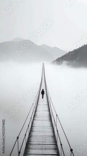 Solitary figure walks across long suspension bridge over fog shrouded mountains, surreal monochrome scene, distant journey and destination.