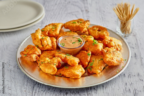southern fried chicken and alligator bites served with a spicy dipping sauce on a platter