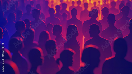 Crowded Silhouettes in Purple and Red Light – Dense Human Figures Representing Population Growth for Demographics, Social Studies, and World Population Day Campaigns