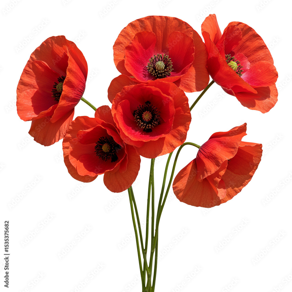 Fototapeta premium Five red poppies bouquet isolated on transparent background