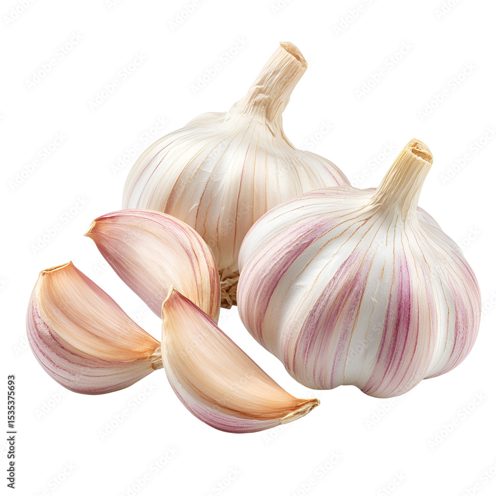 Obraz premium Fresh Garlic Bulbs and Cloves Isolated on Black Background
