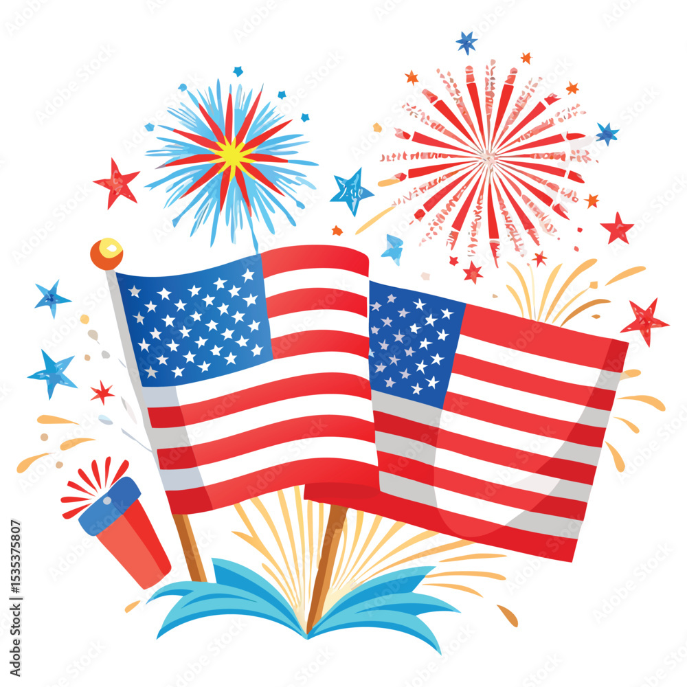 Obraz premium Patriotic american flags and fireworks illustration for july fourth independence day celebration design