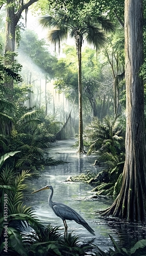 Naklejka premium Lush swampy forest waterway scene.