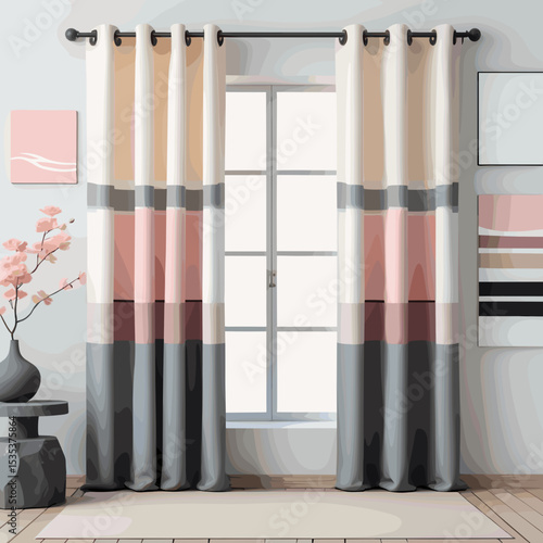 Natural linen curtains in soft pastel colors draping elegantly by a window with decor elements