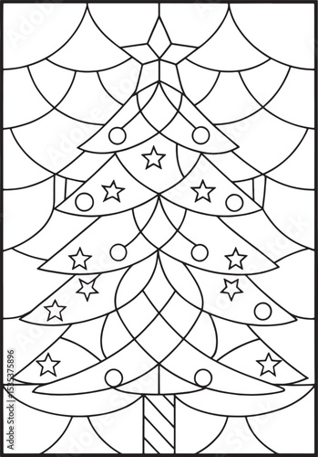 Festive christmas tree stained glass winter holiday coloring page