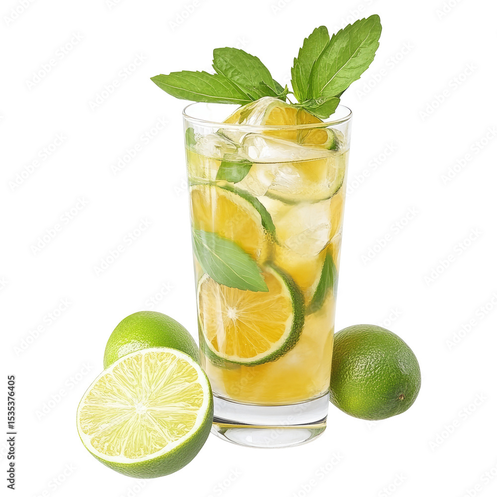 Fototapeta premium Refreshing citrus drink in tall glass, garnished with mint