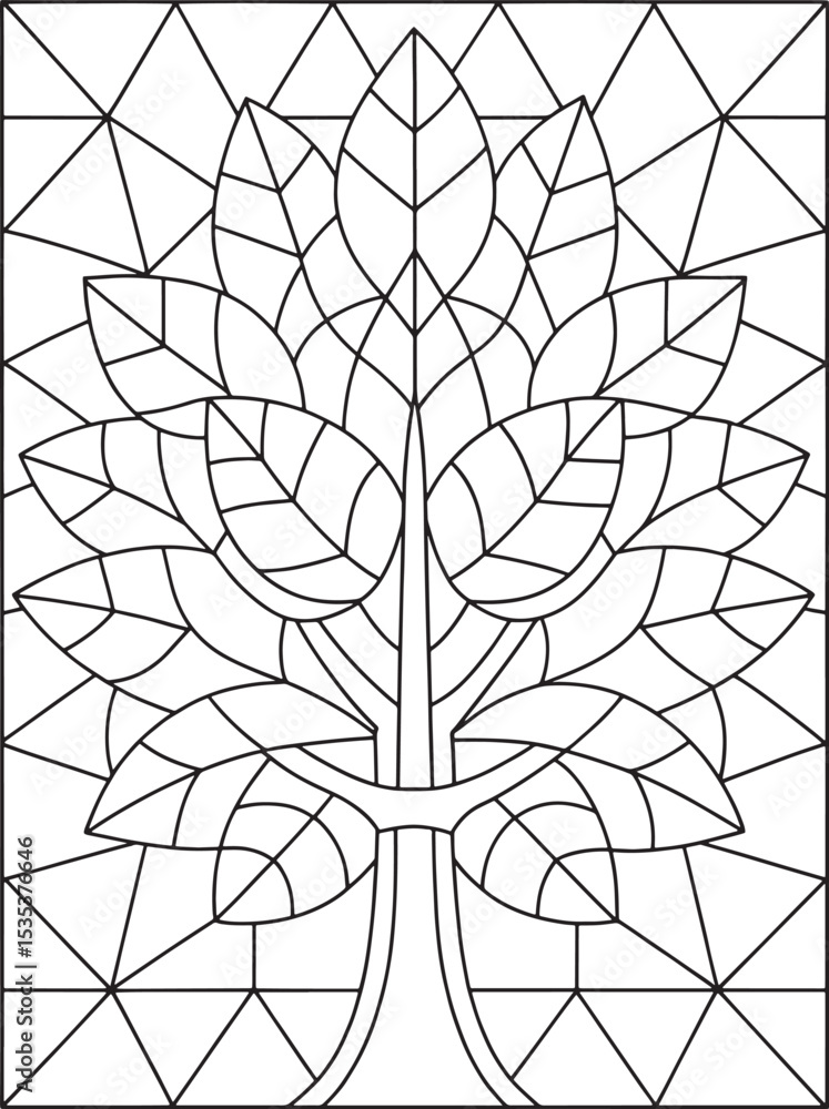 Fototapeta premium Elegant tree leaf stained glass pattern coloring page for adults
