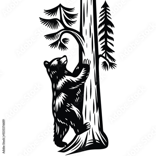 A black and white illustration of a grizzly bear climbing a tall tree in the wilderness
