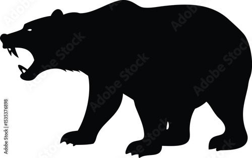 Aggressive black bear silhouette walking sideways against white background showing teeth