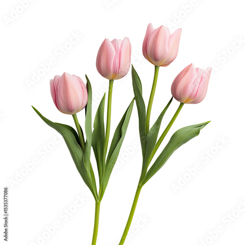 Wallpaper Mural Close-up of four light pink tulips with green stems and leaves.  The tulips are in sharp focus against a black background.  The image is well-lit and shows detailed petal textures Torontodigital.ca