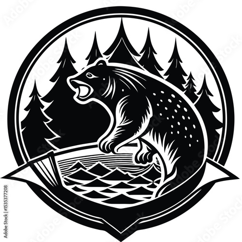 Black and white roaring bear silhouette in a circular emblem with pine trees and landscape