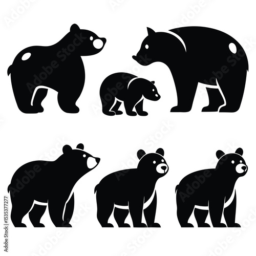 Black bear family illustration in silhouette style with cub and adult bear animals