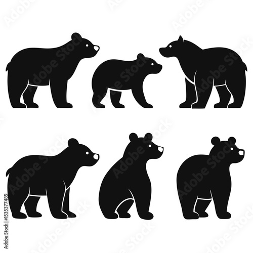 Black bear silhouettes illustration set featuring different poses on a white background