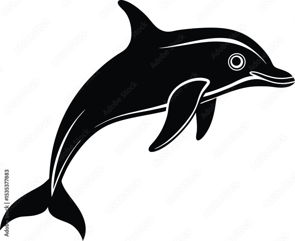 Obraz premium A sleek black dolphin silhouette leaps gracefully against a clean white background