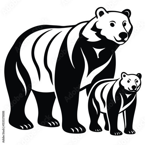 Elegant black and white illustration of a mother bear and her cub standing together