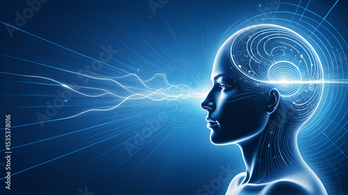 psychic abilities, depiction of telepathic communication and mind power on a tranquil blue canvas with swirling energy lines and space for text