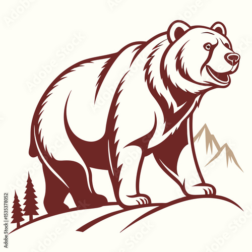 Elegant cartoon illustration of a standing brown bear in a mountainous wilderness scene