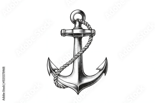 Detailed grayscale illustration of an anchor with rope