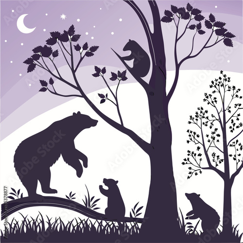 Silhouette bears in forest setting featuring mother bear cubs and a night sky scene