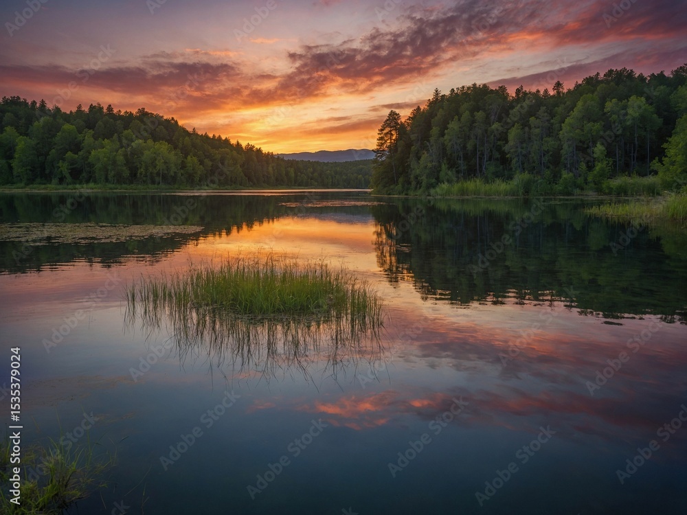 Fototapeta premium Tranquil Sunset over Lake: A breathtaking moment as the sky ablaze with vibrant colors, mirrors its beauty upon the calm surface of the lake.