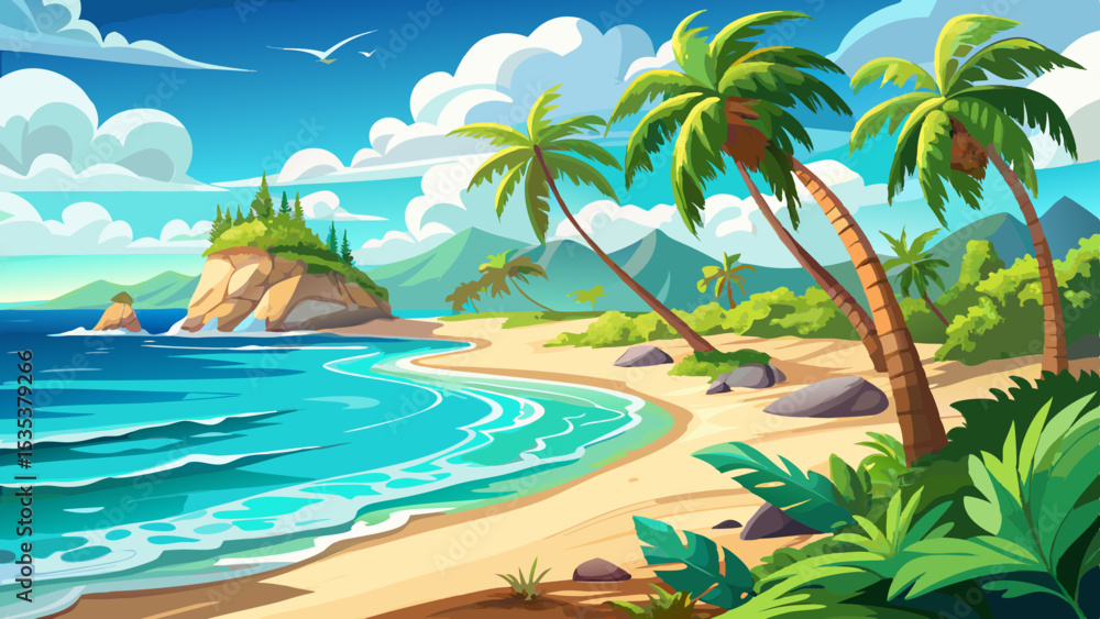 Obraz premium Beautiful tropical beach paradise with turquoise sea waves, soft white sand palm trees under summer sunlight sky. Perfect nature island escape exotic travel vacation dreams, relaxation tourism lovers 