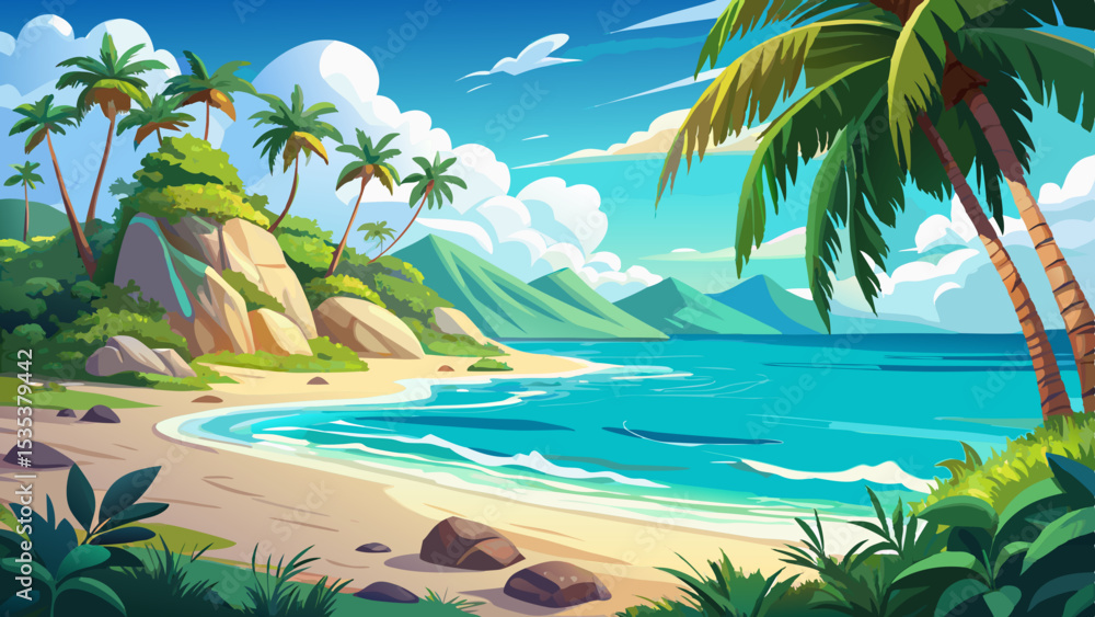 Obraz premium Beautiful tropical beach paradise with turquoise sea waves, soft white sand palm trees under summer sunlight sky. Perfect nature island escape exotic travel vacation dreams, relaxation tourism lovers 